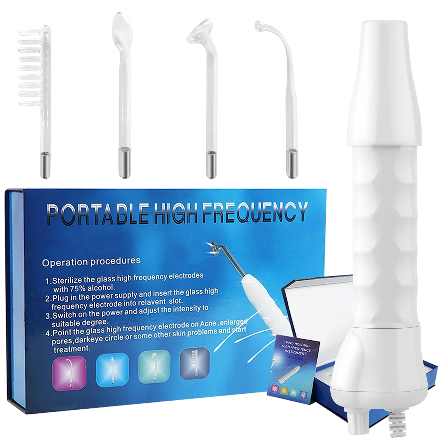 

4 in 1 High Frequency Portable Facial Machine 2022 Technology Acne Spot Wrinkles Remover High Frequency Therapy Wand, Pearl white