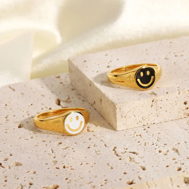 

Stainless steel white Black enamel Finger Smile Face signet Rings, Gold
