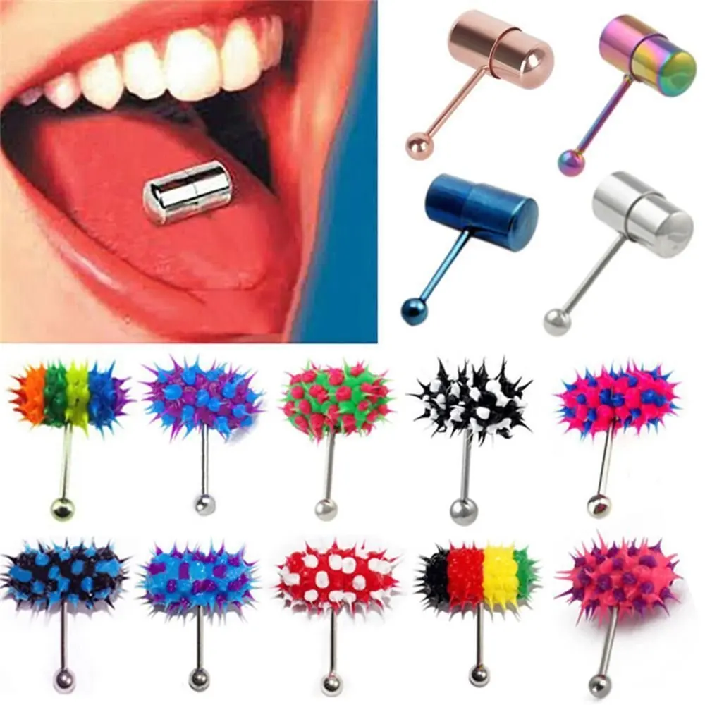 

NUORO Hip Hop Stainless Steel Prickly Straight Barbells Tongue Piercing Punk Unisex Body Jewelry Rubber Vibrating Tongue Ring