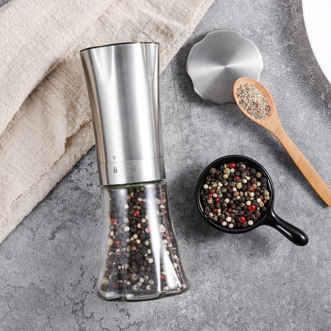 

Battery operated stainless steel adjustable coarseness battery salt and pepper shaker mill grinder with ceramic burr 200ml glass