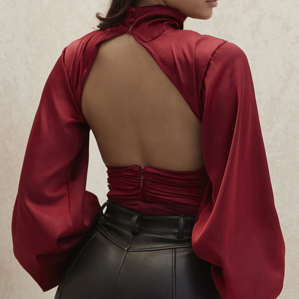 

2020 new arrivals autumn design high quality satin long sleeves turtle neck backless women bodysuits