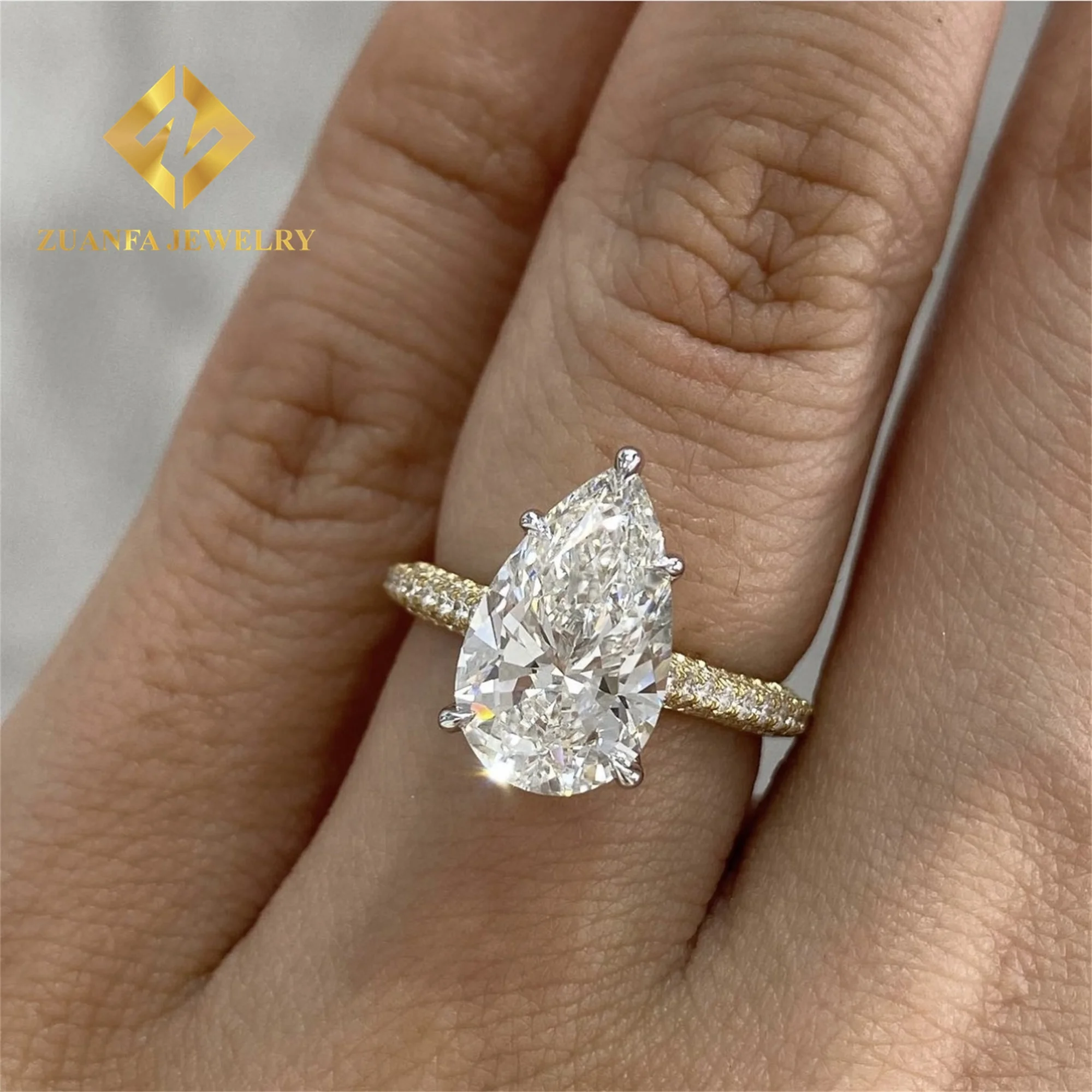

Gorgeous 10k Yellow Gold+White Gold Wedding Jewelry Set Super White 3Ct Pear Moissanite Diamond Engagement Eternity Band Ring