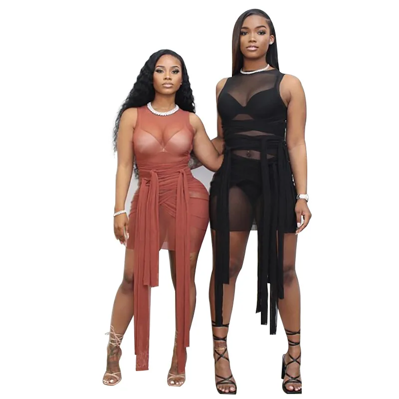

21 Colors 7 Size Women Club Wear Solid Bandage Dresses 2020 Bodycon Sleeveless Mesh Sexy Women See Through Dress, Black, red , white,pink,yellow