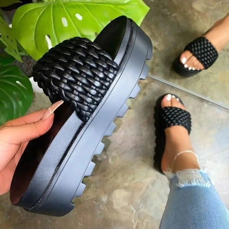 

Fashion Thick sole Women Slides Slippers Open Toe Single Strap Weave Upper Platform Sandals Anti Slip Beach Slippers, As the picture show