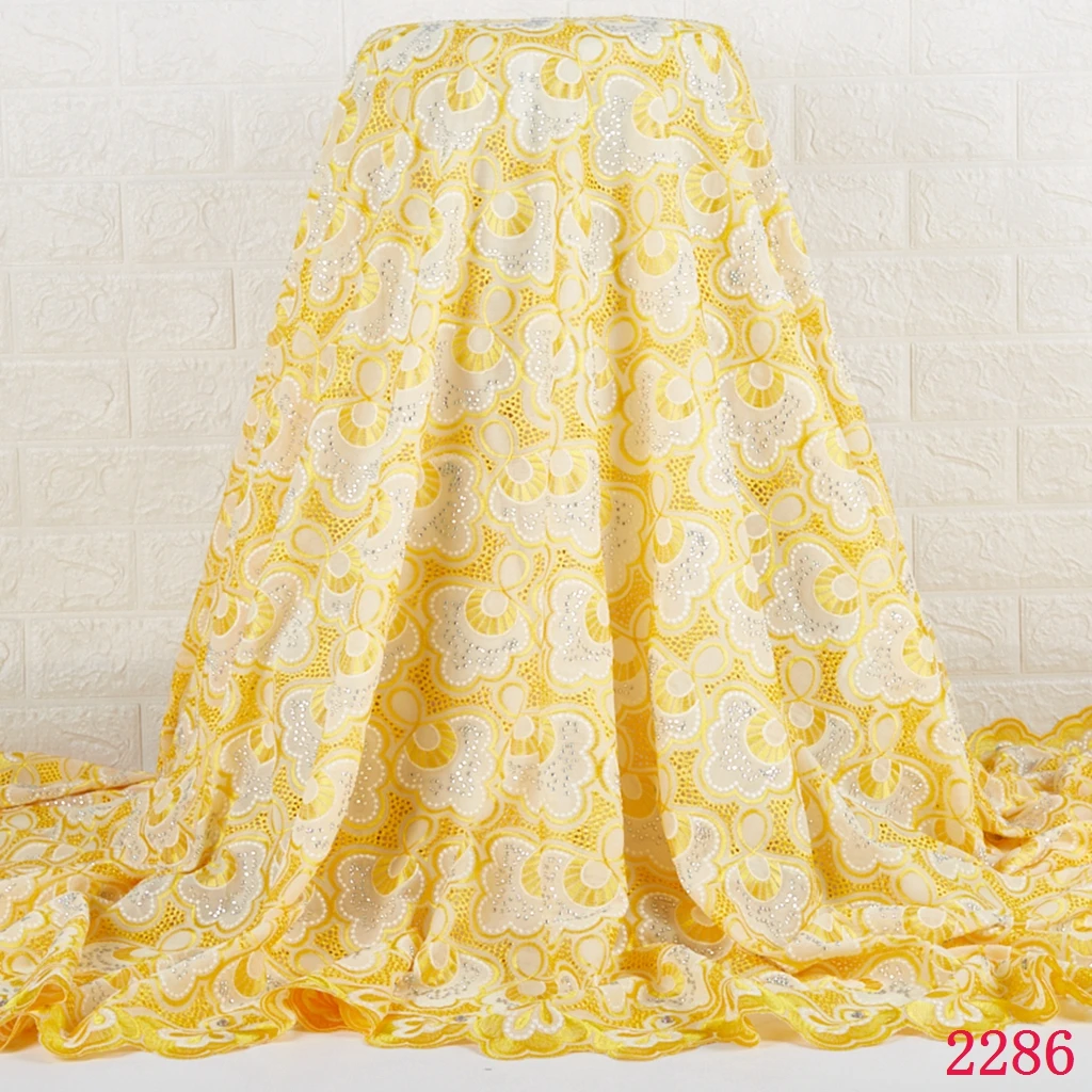 

New Arrivals African Dry Lace Fabric Embroidery Stones Nigerian Quality Cotton Swiss Voile Yellow Lace Fabric For Wedding 2286, As shown in the photos