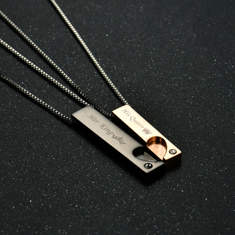 

Hot Selling Stainless Steel His Queen Her King Couple Necklace couple ring jewelry, Black, rose gold