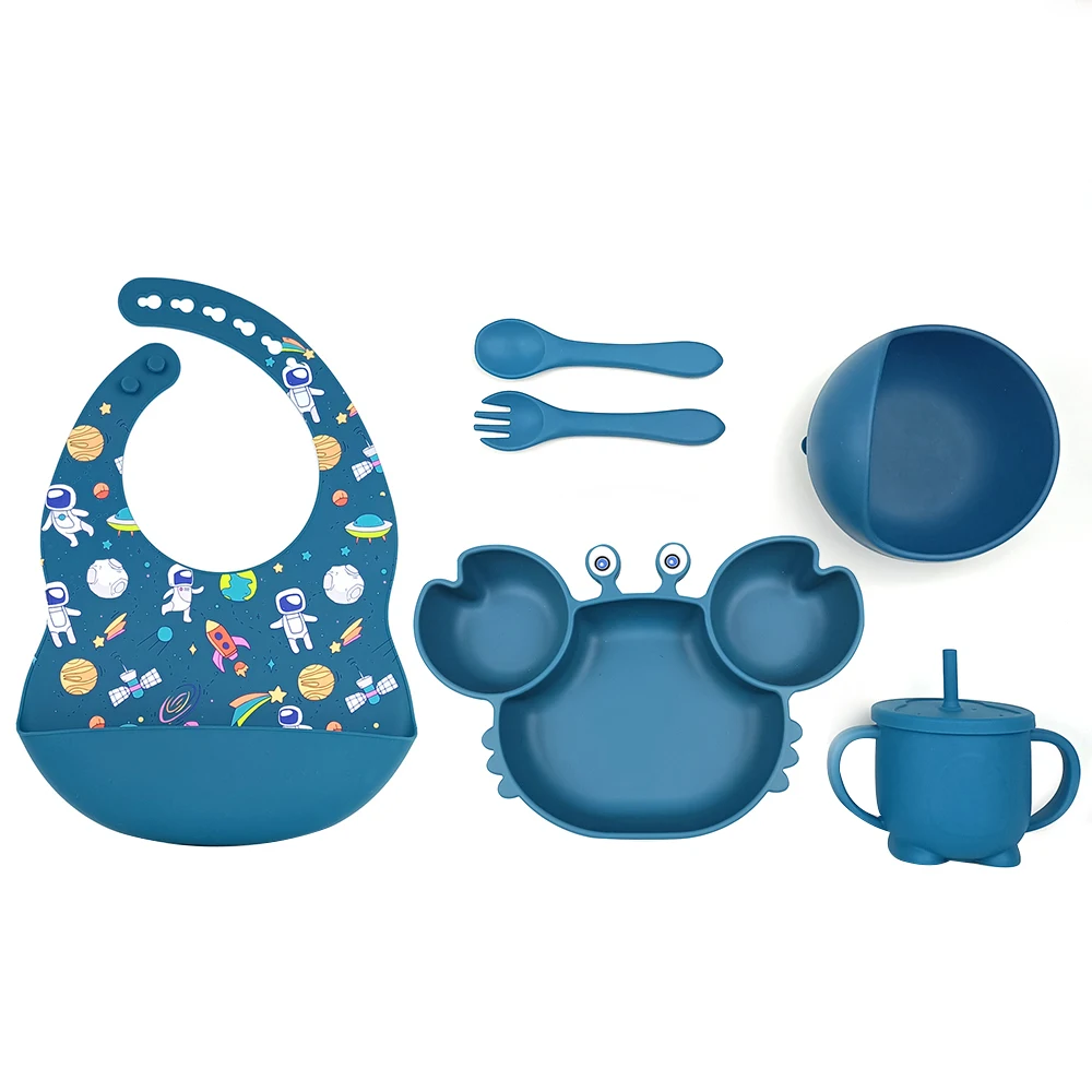 

RTS Baby Tableware Feeding Set Bebe Silicone Feeder Crab Plate With Suction Waterproof Babero Bib With Cutlery Cup