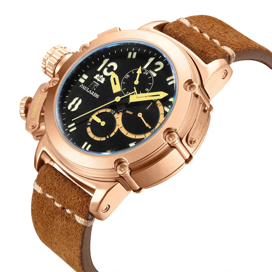 

New paulareis 15 colors fully automatic mechanical multi-function luminous leather rose gold men's Watch