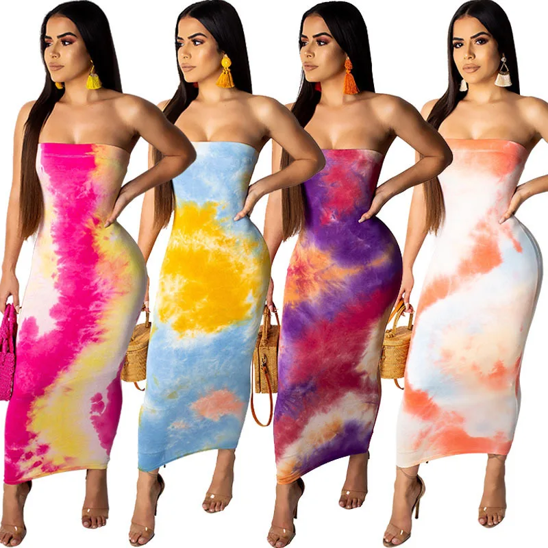 

DS-200 Wholesale High Quality Off Shoulder Colorful Tie Dye Tube Dress