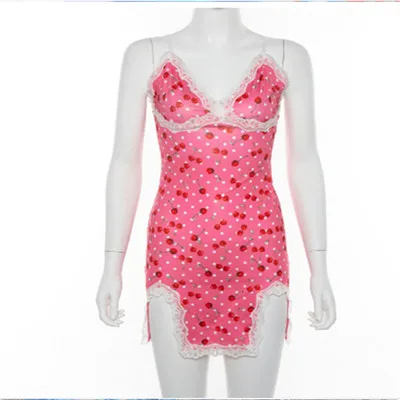 

new fashion y2k cherry print lace v neck spaghetti sleeve camisole fitted high waist womens silk mini dress, Customized color