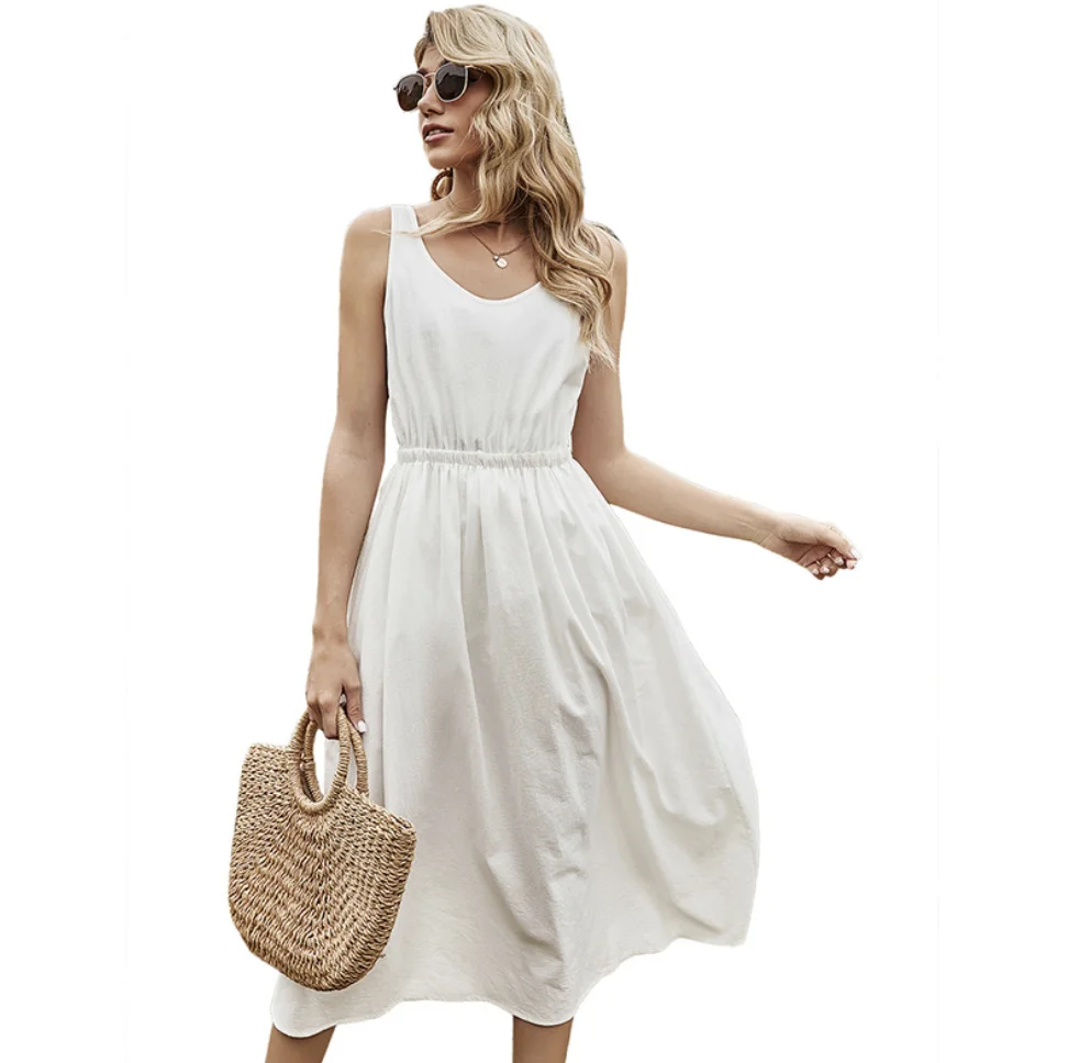 

French romantic white halter dress for spring, Customized color