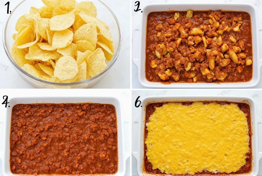 Step-by-step preparation of homemade Frito Chili Cheese showing chips, chili, and melted cheese in baking dish