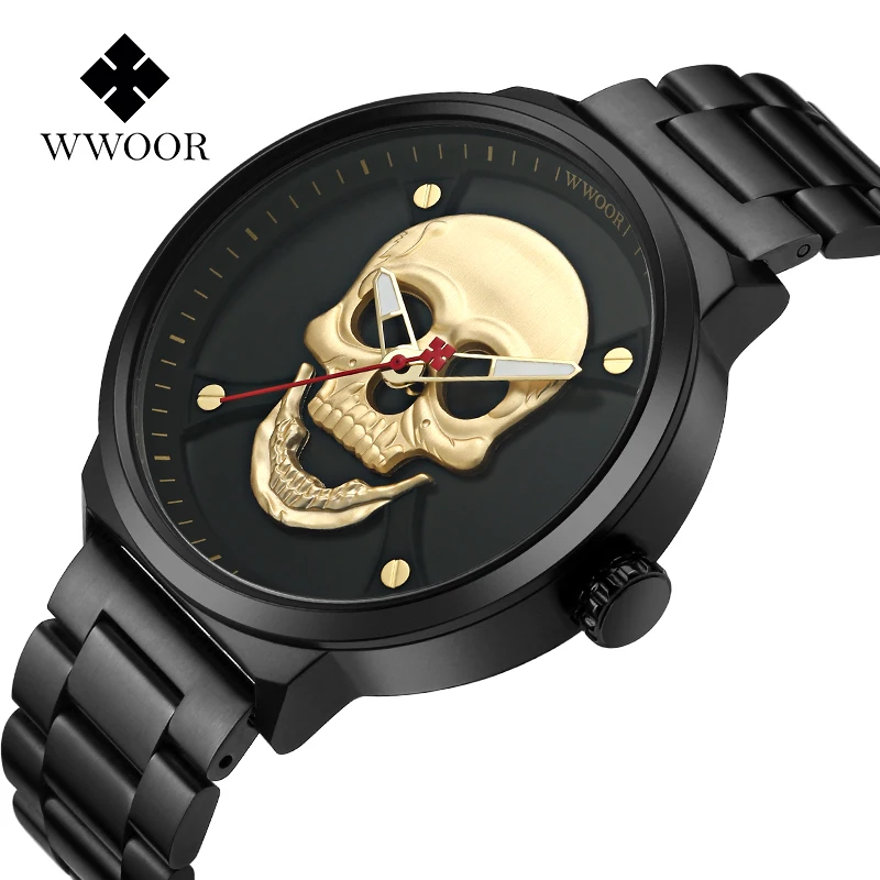 

WWOOR Brand 8867 style watch luxury men skull dial golden watch made in China