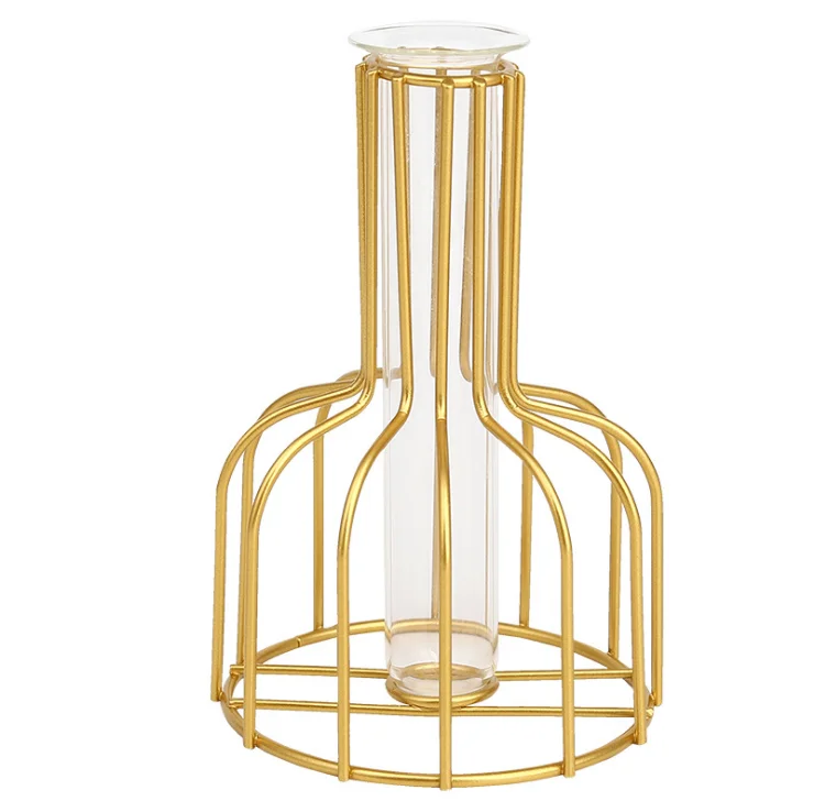 

2020 amazon hot sale High quality Metal Frame Wrought Iron Flower Glass Vase Decoratieve metal wire flower vase For Home Decor, Black+gold