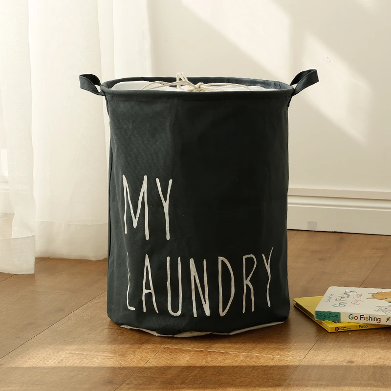 

Collapsible Black Printing Canvas Cotton Hamper Cloth Laundry Basket, Customized