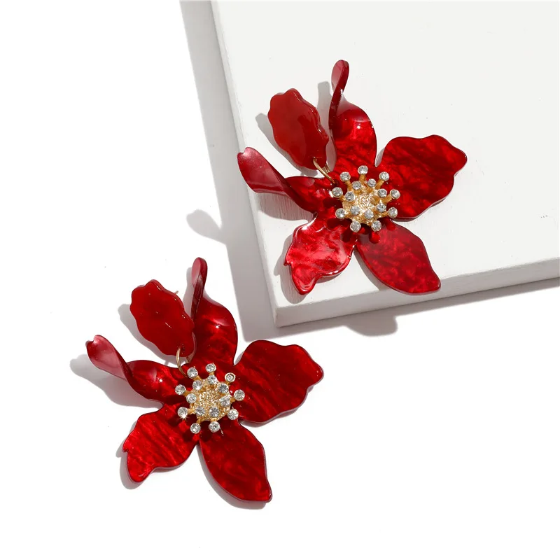 

High quality gold plated statement large acrylic flower earring jewelry rhinestone custom acrylic earrings