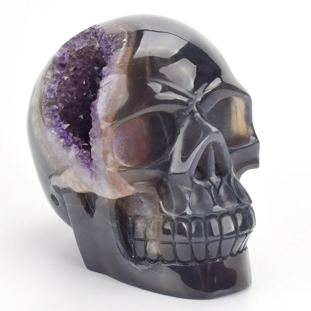 
Natural Mineral Semi Precious Stone Hand Carved Realistic Agate Amethyst Geode Crystal Skull 