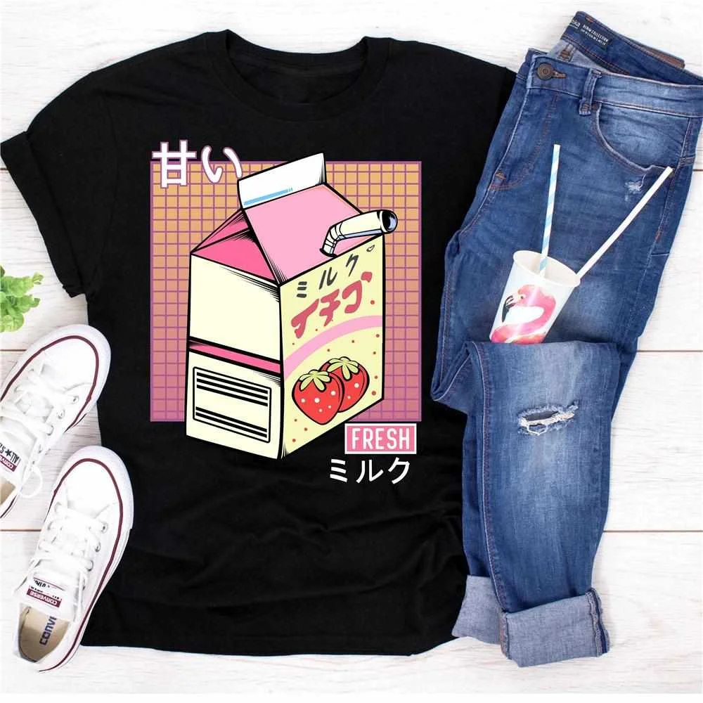 

New Arrivals Strawberry Milk Fruit Juice Box Kawaii T-shirt Harajuku Clothing Cartoon Japanese Aesthetic Otaku Shirt Tee