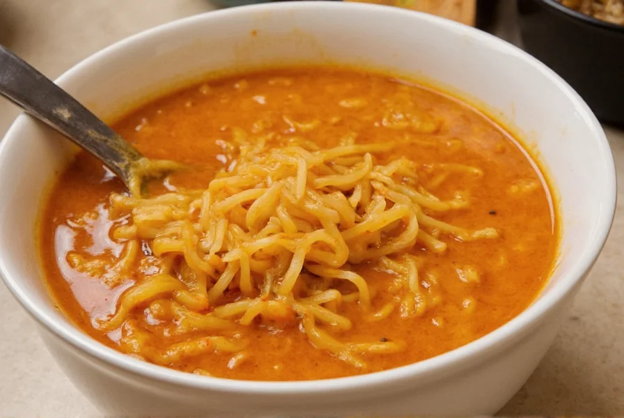 Close-up of cayenne pepper being sprinkled into steaming bowl of ramen with chopsticks and broth ingredients visible