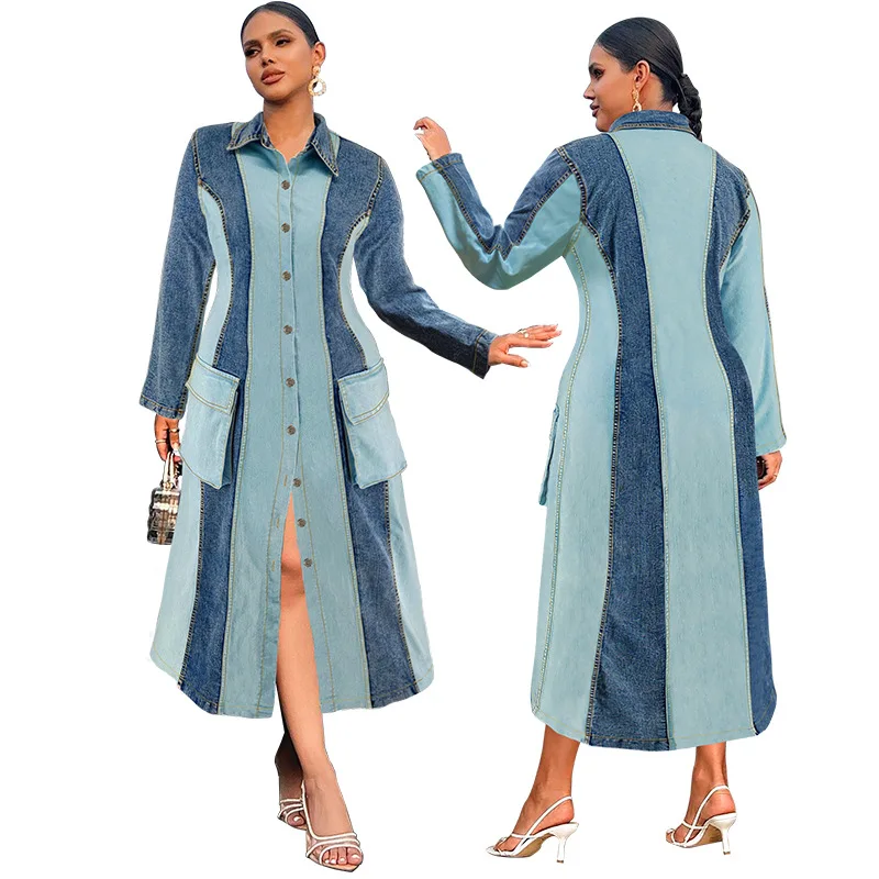 Y218539 Plus Size Jeans Dresses Women Contrast Color Single Breasted Lapel Long Sleeve Denim Dresses for Women Ladies Maxi Dress
