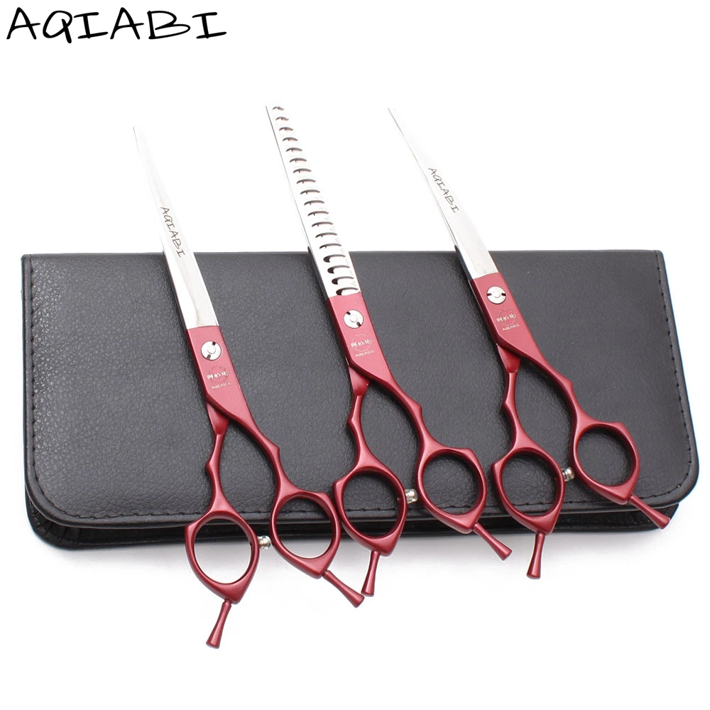 

Pet Scissors Set 6.5" AQIABI JP Steel Dog Grooming Scissors Straight Shears Thinning Shears Down Curved Scissors A3009, Red handle