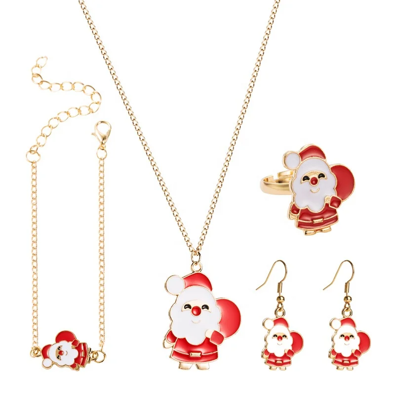 

Lovely 4pcs Dropping Oil Santa Claus Jewelry Set Santa Claus Necklace Earring Bracelet Ring Christmas Gift for Mother Girlfriend