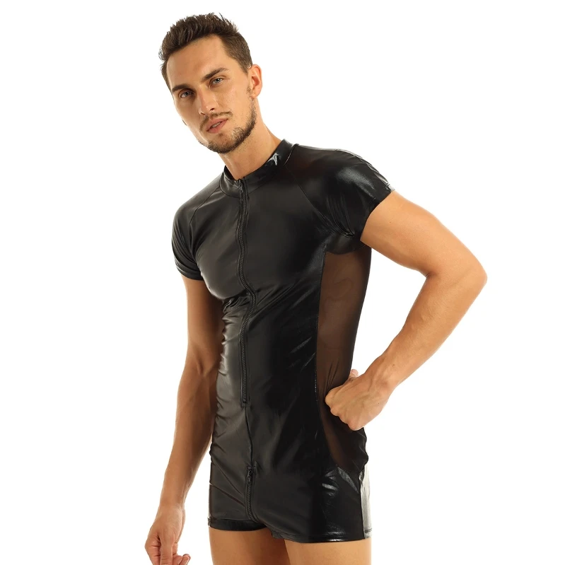 

2021 Patent Leather Bodysuit Mens Short Sleeves Front Zipper Leotard Bodysuit With Mesh Side