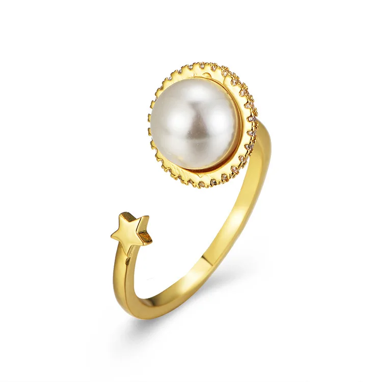 

Temperamental Silver Rings Jewelry 925 Sterling Silver Opening Diamond Gold Plated Pearl Ring, As pics