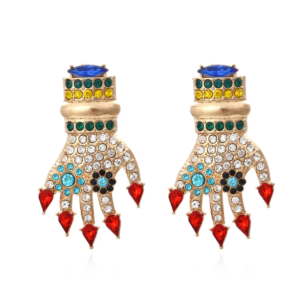 

Fashion Creative Alloy Diamond Palm Earrings Retro Colored Diamond Earrings Women 2021, Like picture