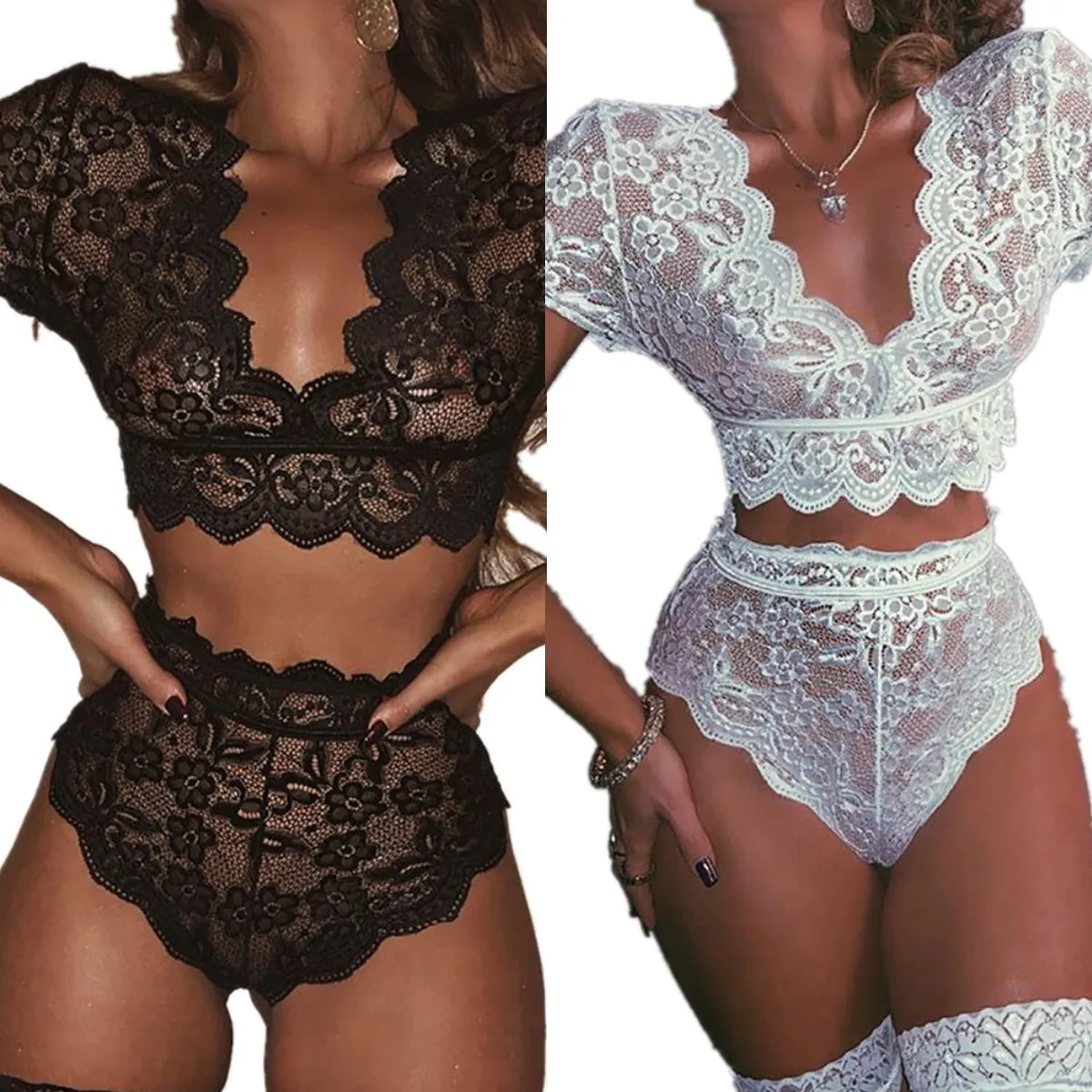 

Wholesale High Waisted Exquisite Women Floral Lace Ladies Bra and Ladies Panty Sexy Two Piece Set, Black white