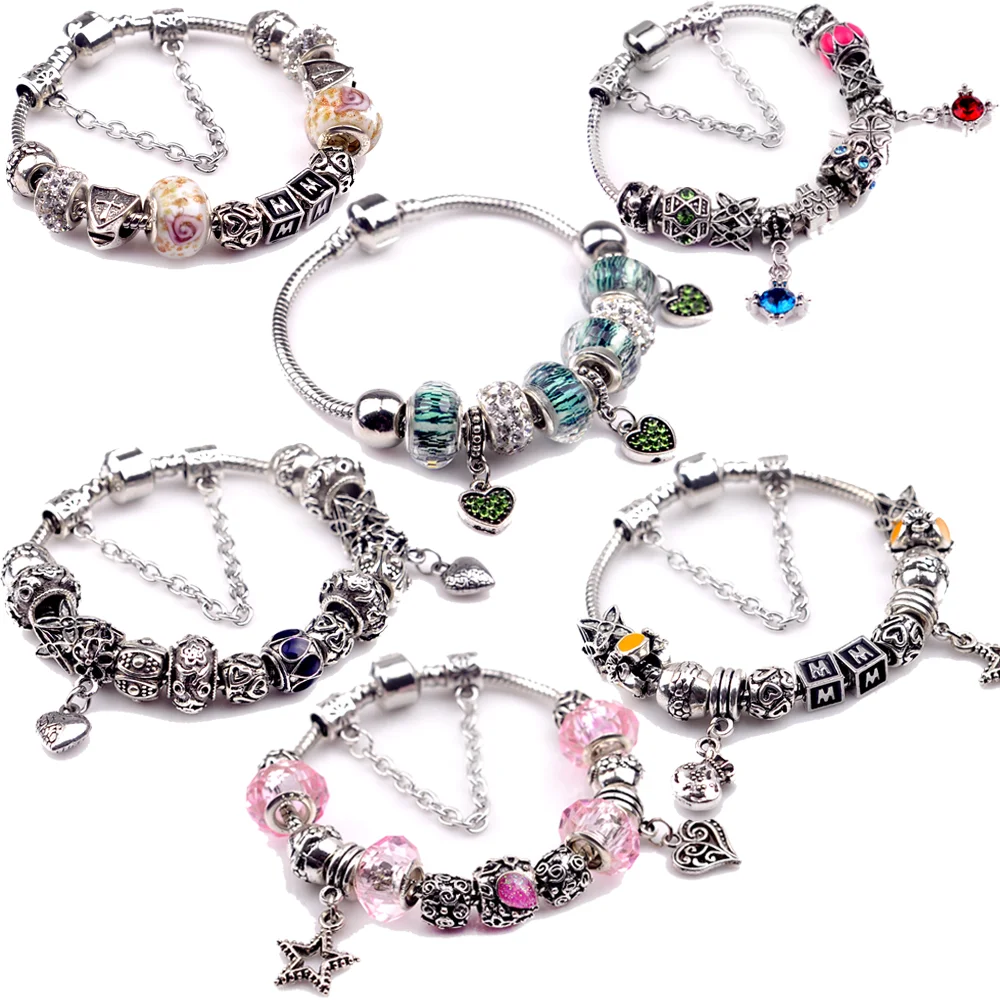 

2021 Custom Wholesale Jewelry Lucky Beads 925 Silver Inspirational Charm Bracelets, Silver/pink/green/blue