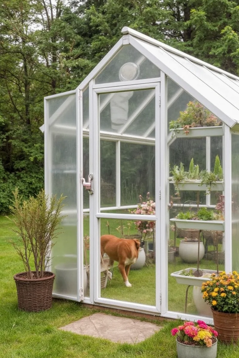A cozy greenhouse attached to a wooden deck with cats lounging inside