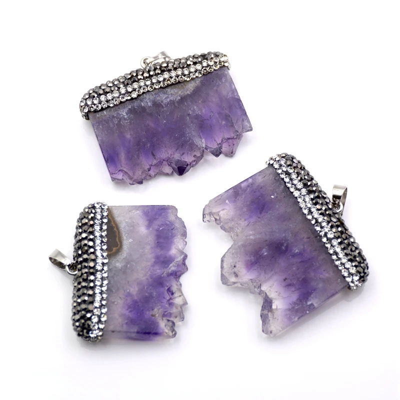 

Natural Raw Amethyst gemstone Druzy Geode Slice Crystals Healing Stones Pave Rhinestone Cluster Pendant Wholesale Buyers, Purple natural pendant