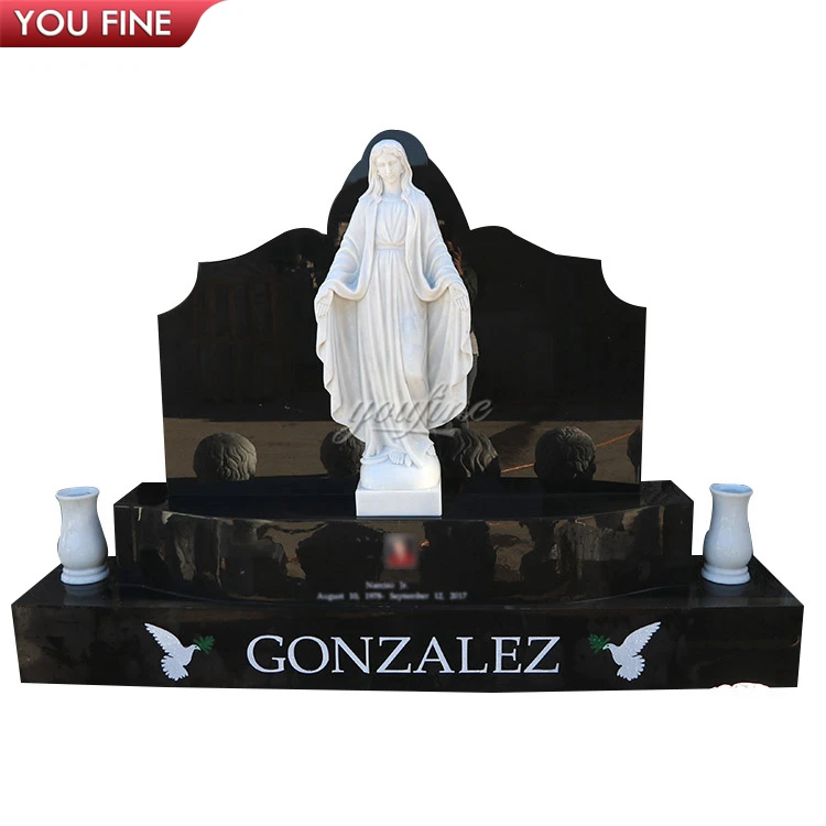 Double Luxury Black Granite Headstone White Marble Virgin Mary Memorial