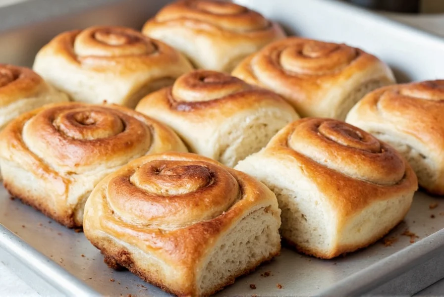 Close-up photograph of perfectly baked Annie's cinnamon buns with golden brown exterior and melted icing drizzled on top, showing the spiral layers of cinnamon filling