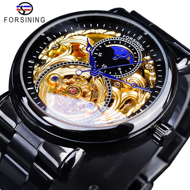 

Forsining Mens Automatic Mechanical Watch Clock Gold Moon Phase Steel Strap Luxury Business Men Wrist Watches Relogio Masculino, 5-colors