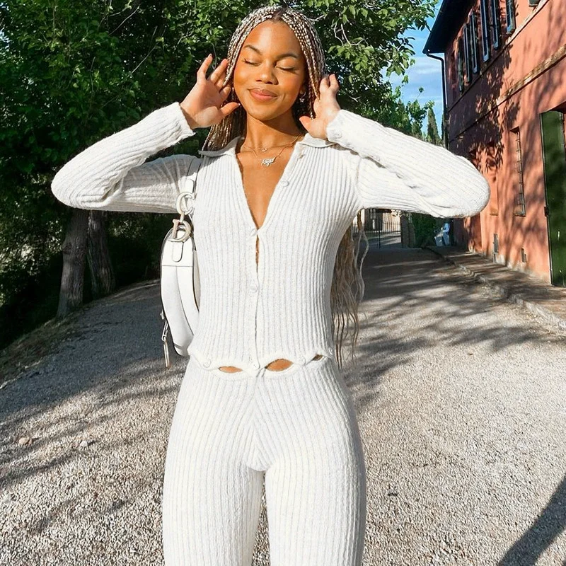

Hanrong Button Ribbed Knitted Jumpsuit Two Piece Set Fall Winter Clothes Sexy White Long Sleeve Bodycon Jumpsuits