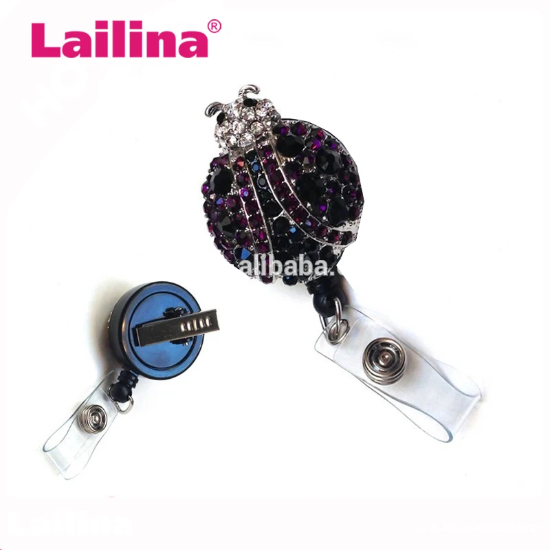 

Gift for nurse Accessories Animal Ladybug Rhinestone Retractable Badge Reel Holder With Alligator Clip, Deep purple,pink