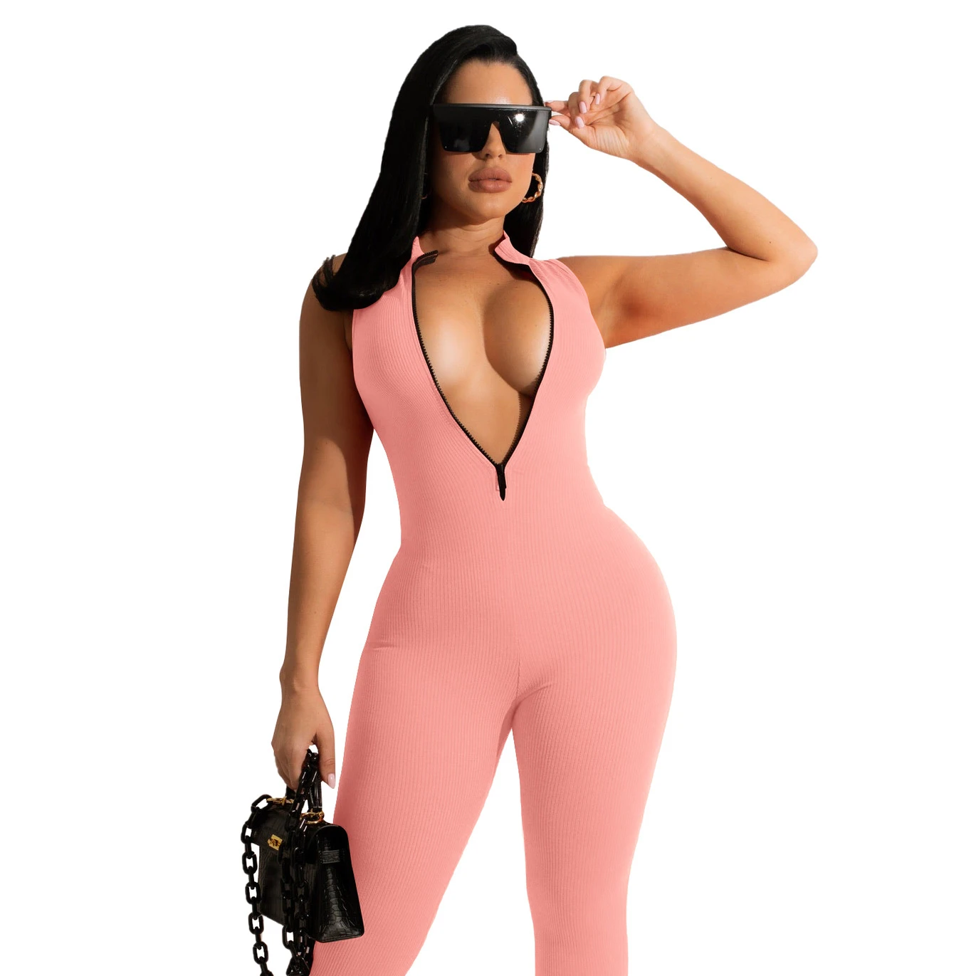 

Women's Solid Color Sleeveless Long Jogger Jumper Ribbed Zipper Playsuit 2022 Trendy Style One Piece stacked Jumpsuit tights, Picture color