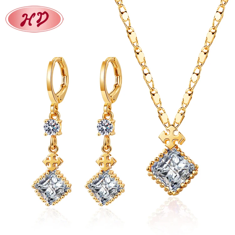 

square stone cubic zirconia classy dainty design cz necklace jewelry sets with long drop earring conjunto joyas mujer
