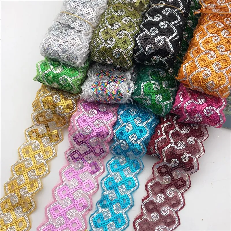 

cheap flower Sequin Fabric Venise Decorated Braided Edge Metallic Bridal wedding Trim Wide:5cm