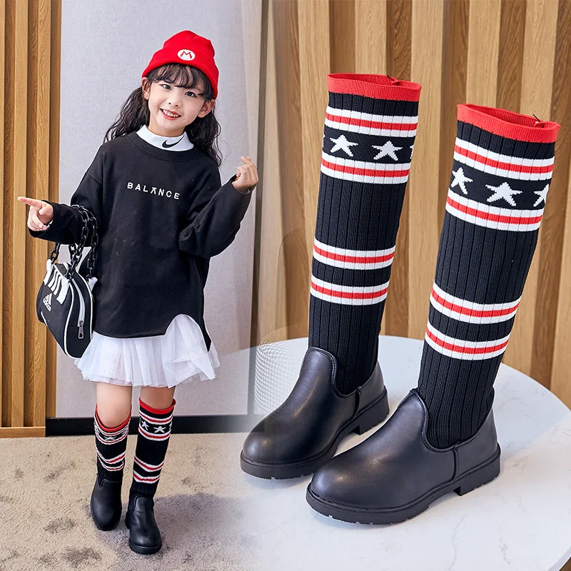 

New arrival toddler Girls autumn winter PU high boots for Elastic stockings for girls and martens for children, Picture