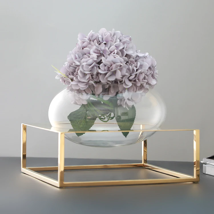 Luxury Round Wedding Centerpiece Glass Bowl Vase With Metal Stand