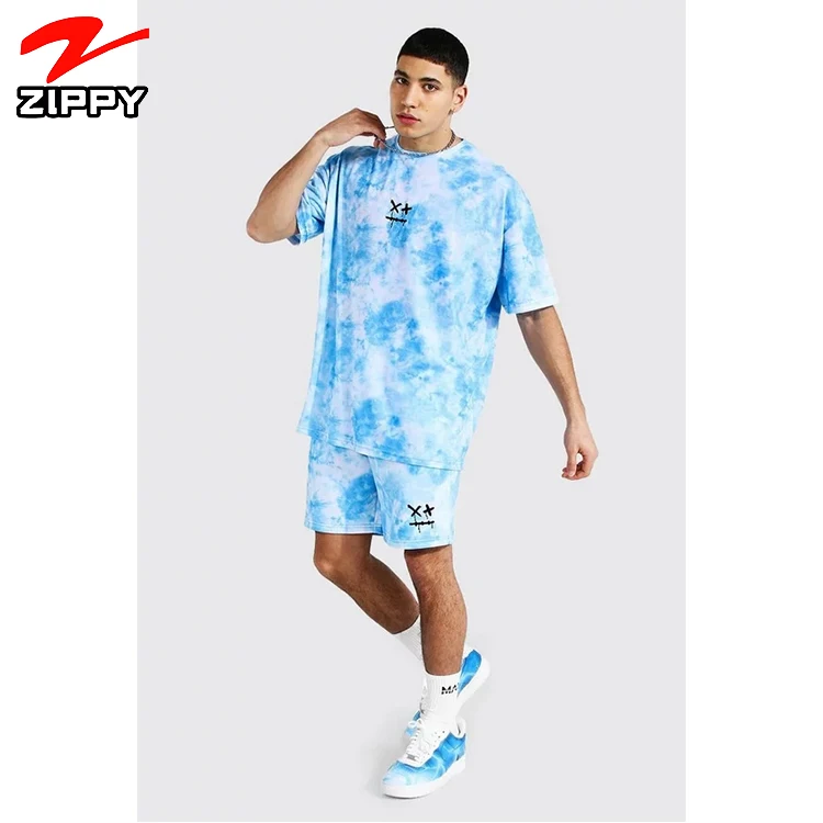 

Men custom sweatsuits with logo Summer short sleeve oversized Embroidery tie dye tshirt and shorts Men's Tracksuit, Custom color