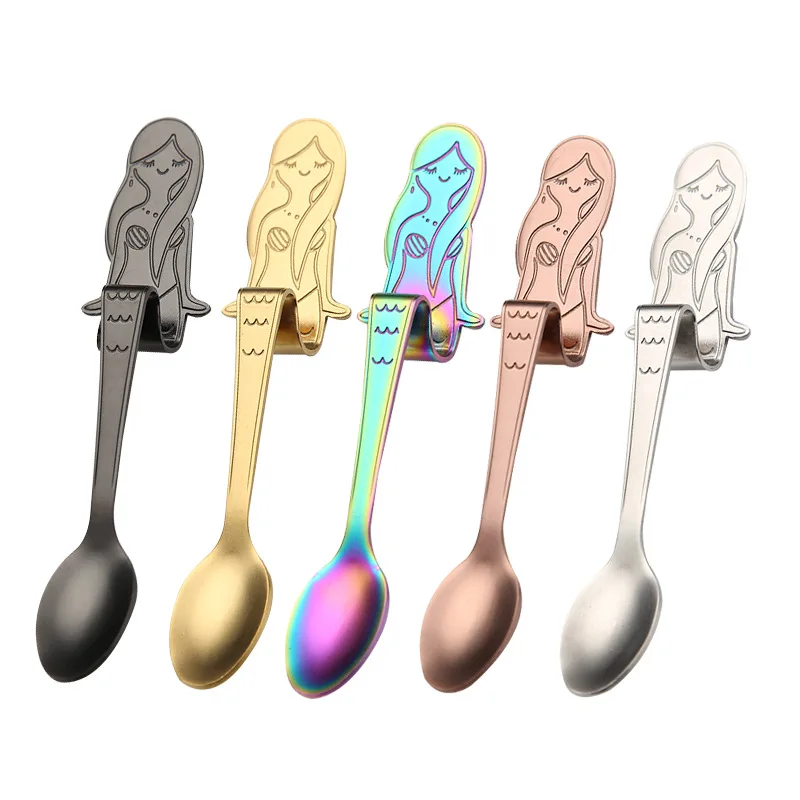

Unique creative funny hanging mini cute mermaid stainless steel sugar tea coffee stirring spoon gift set, Gold/rose gold/sliver/black/colorful