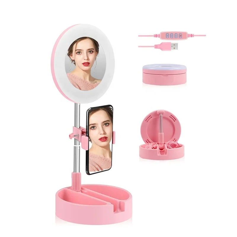 

Foldable LED Ring Light with Mirror,USB Makeup Lamp 3 Lighting Modes Youtube Selfie Vlog Dimmable Video Photography Light