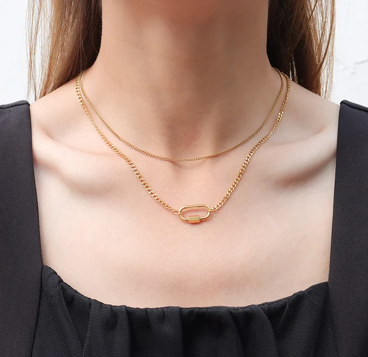 

Double thin Clavicle Chain choker openable Buckle pendent layered Necklace, Gold