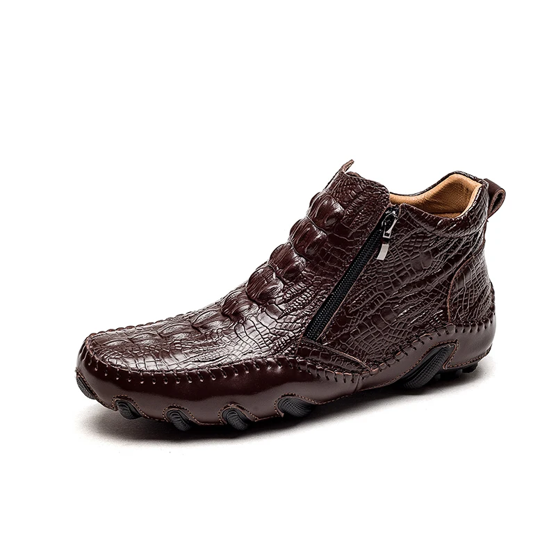 

New Fashion Comfortable Large Size Walking Shoes Popular Crocodile Pattern Men's Casual Leather Shoes, Brown, black