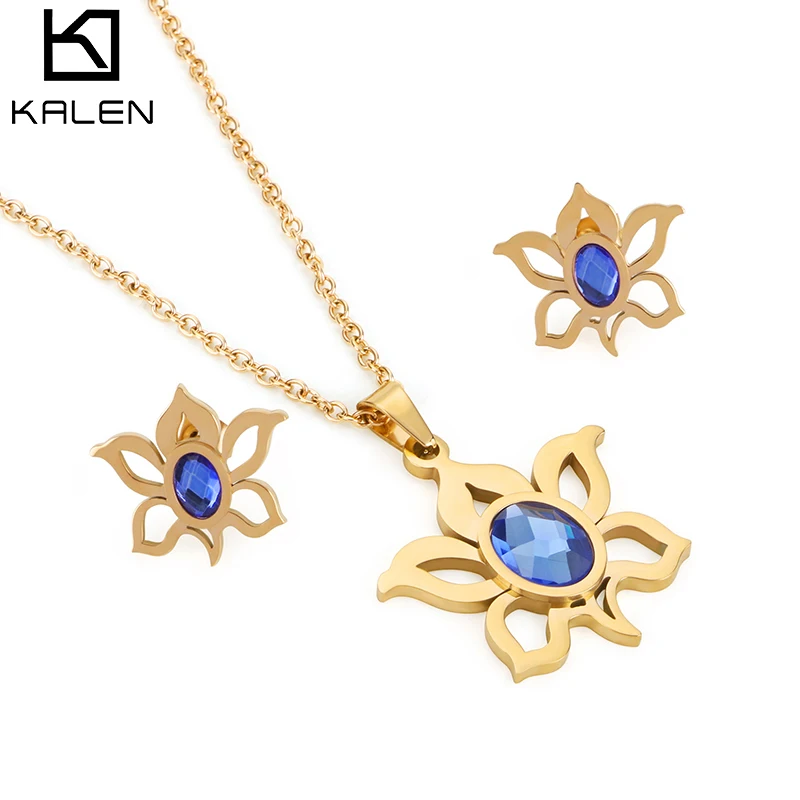 

Wholesale Fashion Flower Stainless Steel Necklace Chain Women Jewelry Set, Gold/rose gold/silver