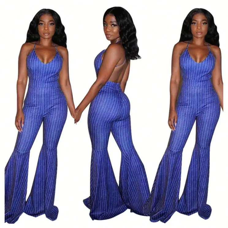 

casual with corset striped one piece women jump suits sexy club flare pants blue clubwear jumpsuits